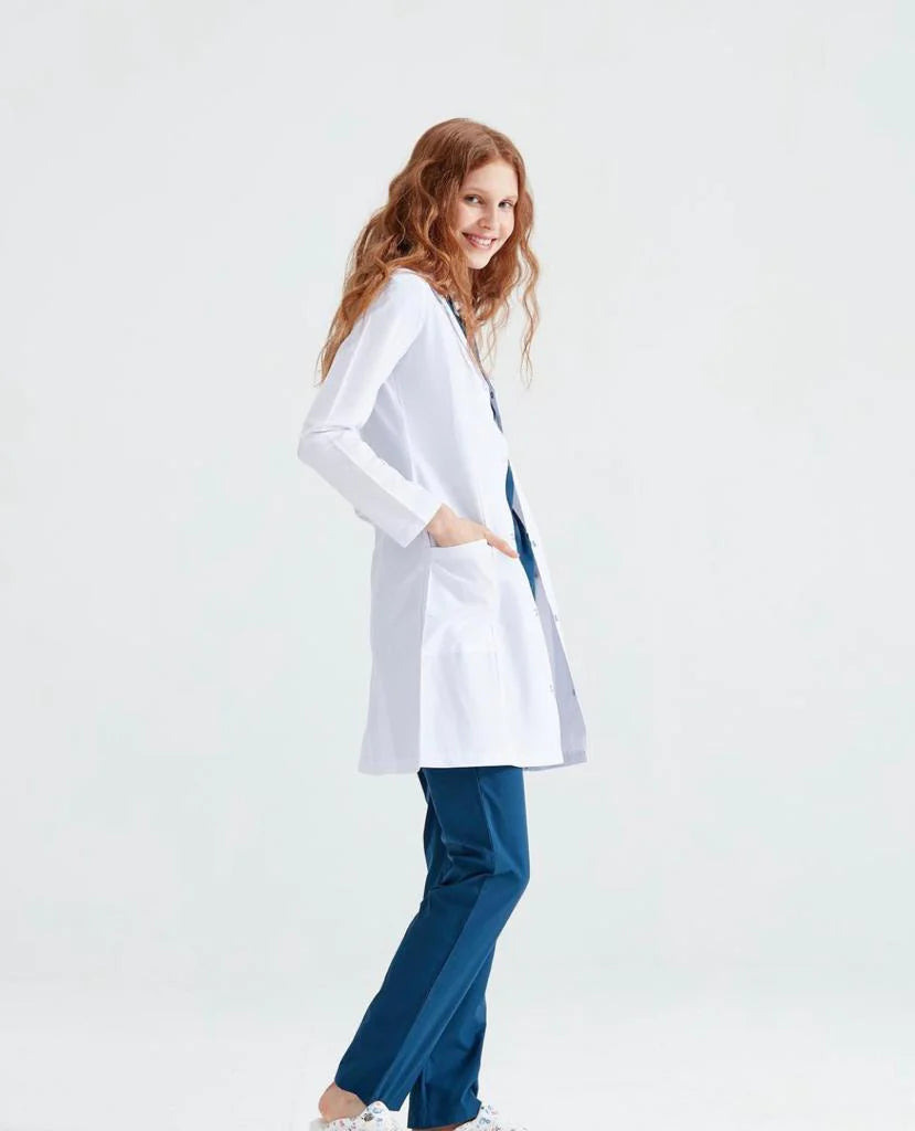 Halat medical pentru femei, alb, lung, cu maneca lunga - DrWear