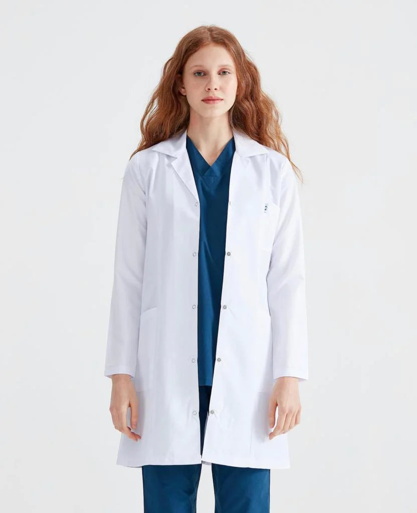 Halat medical pentru femei, alb, lung, cu maneca lunga - DrWear