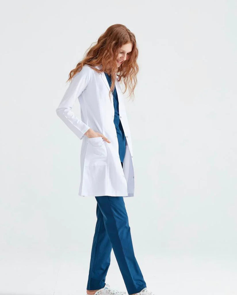 Halat medical pentru femei, alb, lung, cu maneca lunga - DrWear